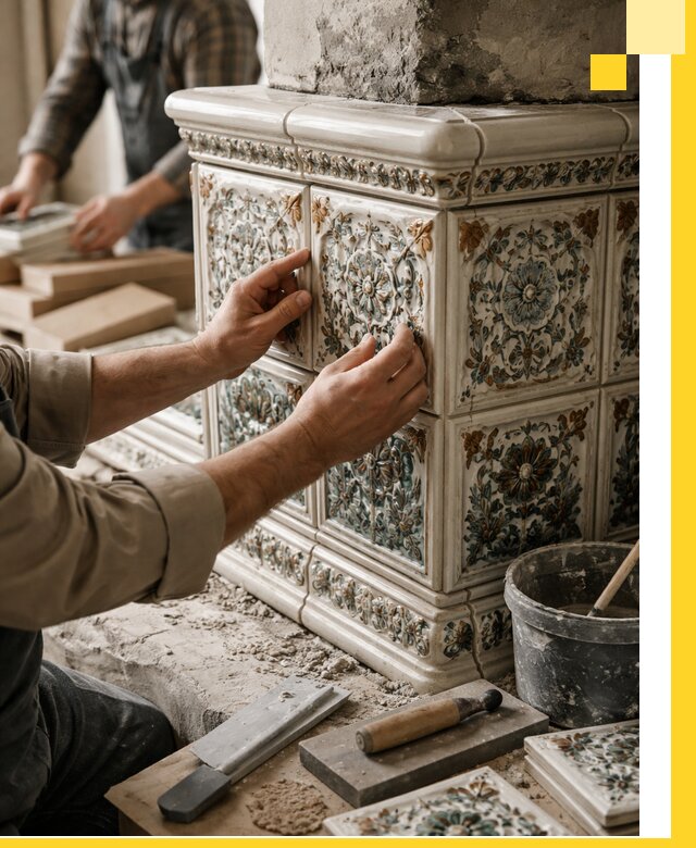 Изразцовые камины под ключ в Сланцах: проект и монтаж