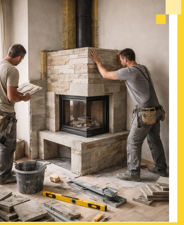 Угловые камины под ключ проект, монтаж и отделка в Сланцах