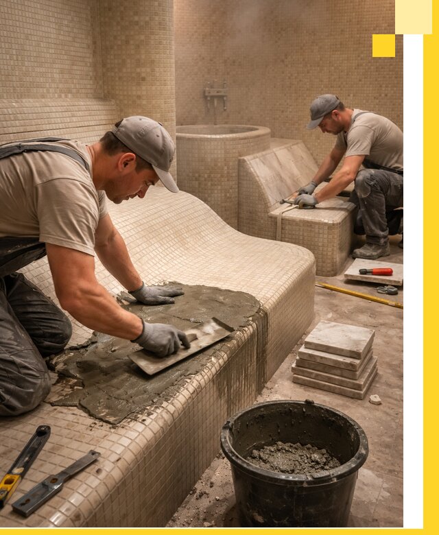 Лежаки для хамама под ключ в Сланцах, проект и монтаж